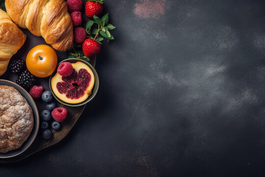 Delicious bread, pastry, croissant, berries, strawberry on rustic black wooden table background, text copy space, top view, view from above, flat lay, concept of breakfast, morning. generative ai 