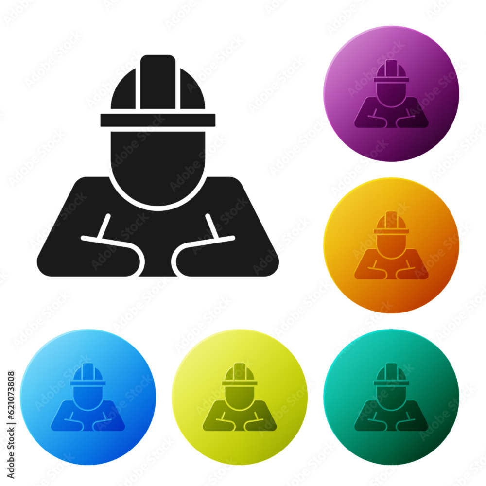 Poster black builder icon isolated on white background. construction worker. set icons in color circle butt