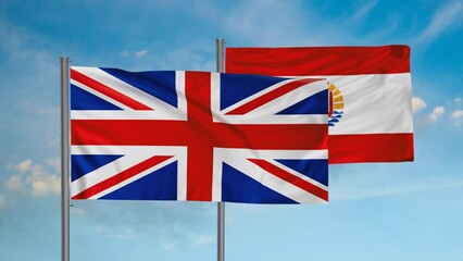 French Polynesia flag and United Kingdom, UK flag waving together on blue sky, looped video, two country cooperation concept