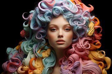 A portrait of a fashion model with swirling colorful hair as if it was made of plasticine or melted plastic