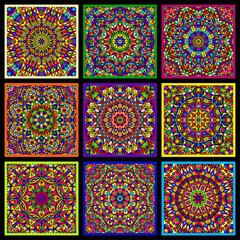 Set of bright multicolor cards with kaleidoscope circular patterns