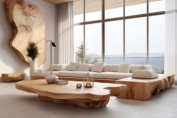 modern living room with wooden furniture and white windows Generative AI