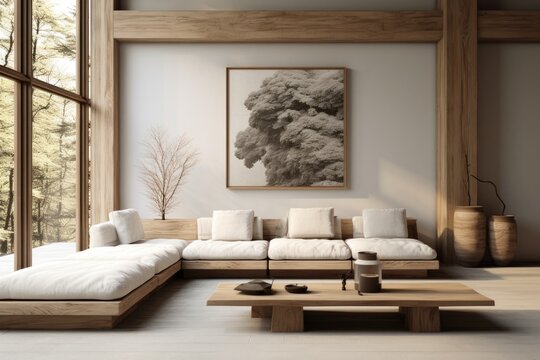 an interior with white furniture and wooden decor Generative Ai