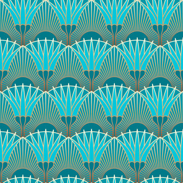 Blue Egyptian Lotus Art Deco Seamless Pattern