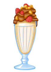 ice cream with whipped cream and berries watercolor illustration