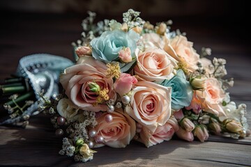 bouquet of pastel flowers with delicate ribbons and beads, created with generative ai