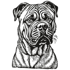 Bullmastiff dog realistic pet illustration, hand drawing face black and white vector