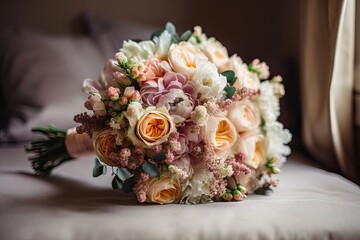 bouquet of pastel flowers with delicate ribbons and beads, created with generative ai