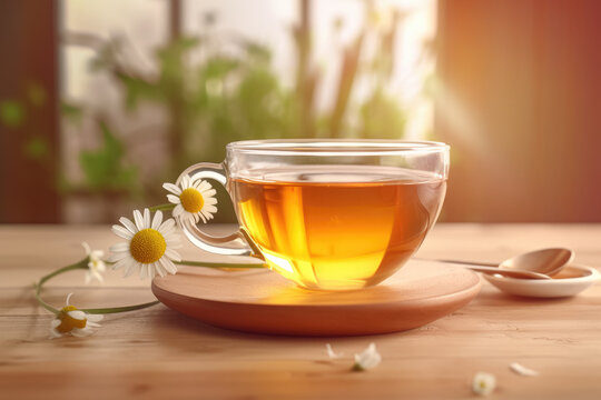 Enjoy a comforting cup of hot chamomile tea, perfectly set on a light wooden background. Generative Ai, Ai.