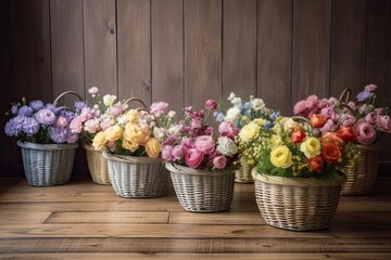 row of pastel flowers in basket on wooden floor, created with generative ai