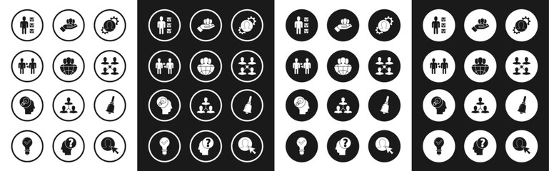 Set Human with gear inside, Globe and people, Project team base, User of business suit, Ringing bell and head lamp bulb icon. Vector