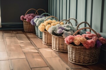 row of pastel flowers in basket on wooden floor, created with generative ai