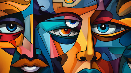 Abstract faces illustration in vibrant colors, cubism style collage for wallpaper, background design, art print. Generative AI. - obrazy, fototapety, plakaty