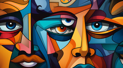 Abstract faces illustration in vibrant colors, cubism style collage for wallpaper, background design, art print. Generative AI.