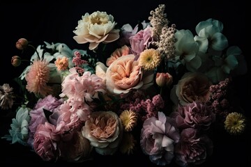 a bouquet of pastel blooms on a black background, created with generative ai