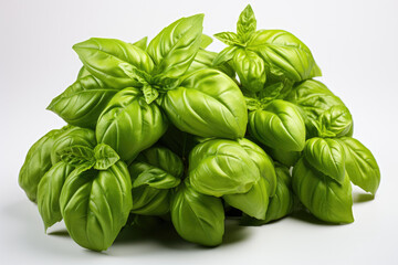 Fototapeta premium Close-up image of basil leaves isolated on a white background, highlighting their vibrant green color and aroma. Generative Ai.