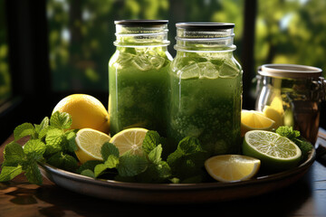 Vibrant image of green smoothies in jars on a table, showcasing a healthy and refreshing beverage option. Generative Ai.