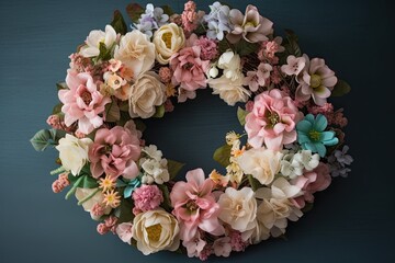 a wreath of pastel blooms for spring, created with generative ai