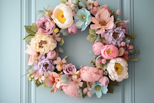 a wreath of pastel blooms for spring, created with generative ai