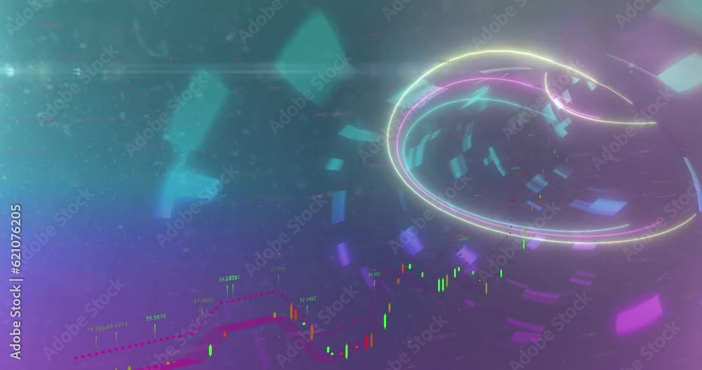 Poster Animation of financial data processing over neon tunnel in seamless pattern on gradient background