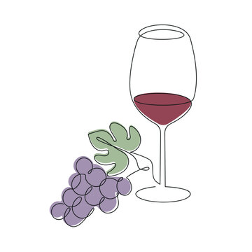 Wine glass with grape drawn in one continuous line in color. One line drawing, minimalism. Vector illustration.