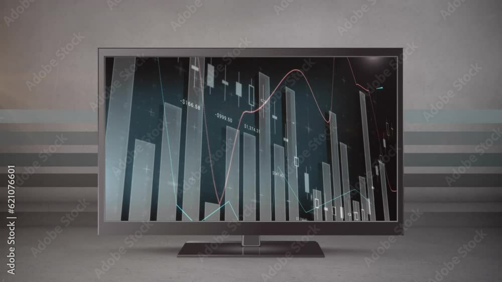 Poster animation of statistical data processing on computer screen against grey background