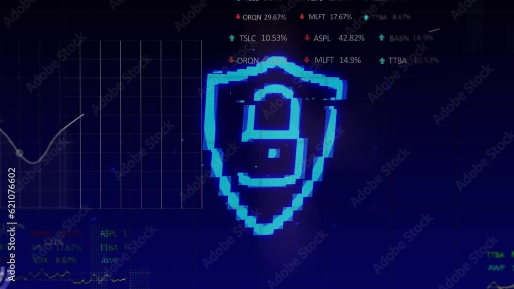 Poster animation of cyber security padlock, statistical and stock market data processing on blue background