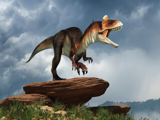 Cryolophosaurus was a carnivorous theropod dinosaur, known for its distinctive crest, it lived during the Jurassic in Antarctica. Depicted roaring on a boulder. 3D Rendering.
