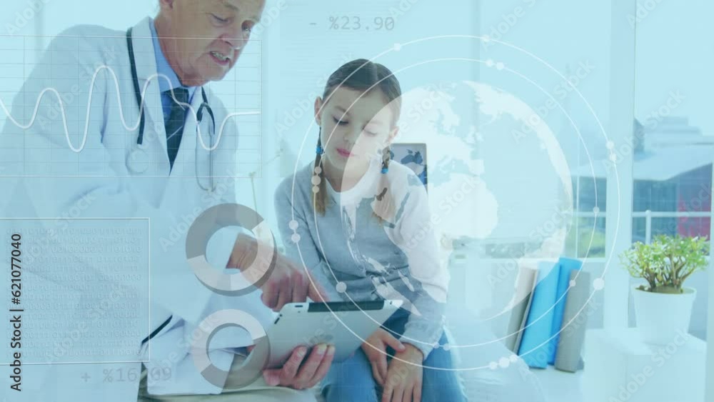 Canvas Prints Animation of data processing over caucasian male senior doctor and a girl using tablet at hospital