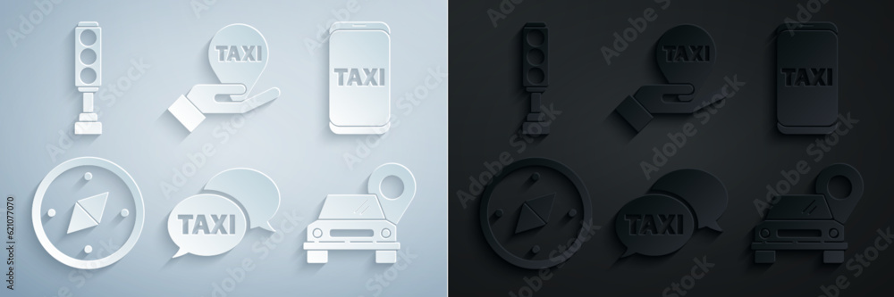 Poster set taxi call telephone service, compass, map pointer with taxi, hand map and traffic light icon. ve