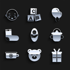 Set Newborn baby infant swaddled, Teddy bear plush toy, Gift box, Baby bottle, potty, socks clothes, Balloons with ribbon and Happy little boy head icon. Vector