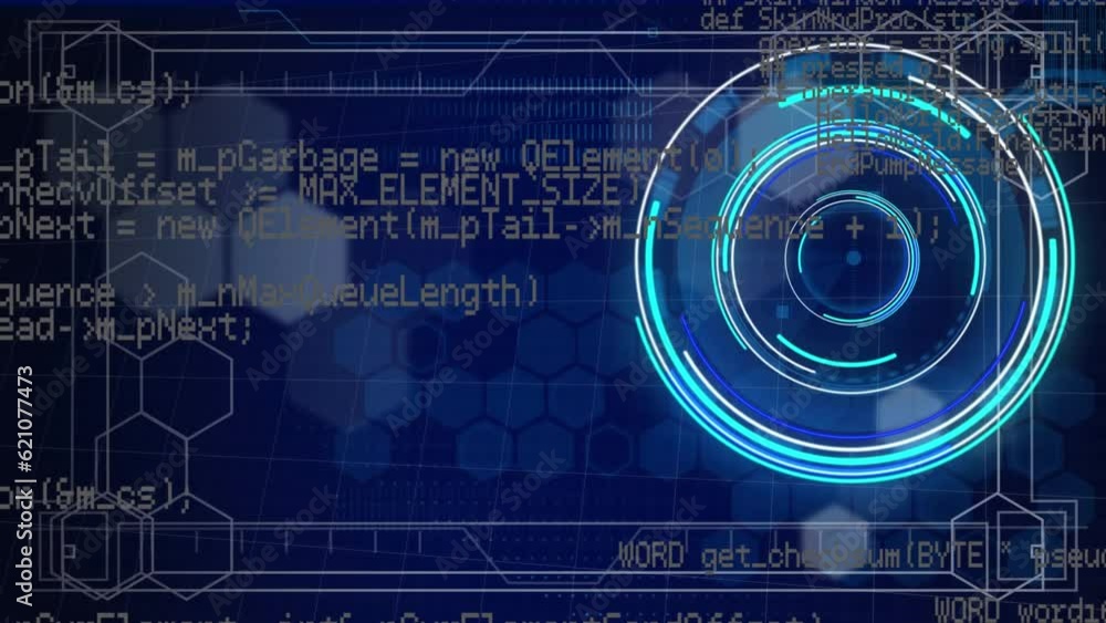 Aufkleber animation of neon round scanner, hexagonal shapes and data processing against blue background