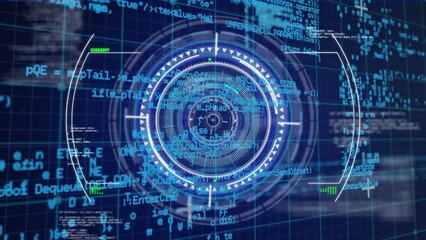 Animation of scope scanning over round scanner and data processing against blue background - Powered by Adobe