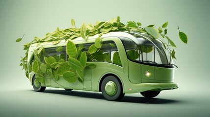 Modern electric bus with green leaves and plants. Bus ecology, eco transport, renewable and clean energy concept.