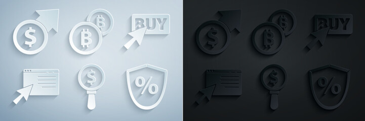 Set Magnifying glass and dollar, Buy button, Online shopping screen, Loan percent, Cryptocurrency coin Bitcoin and Financial growth icon. Vector
