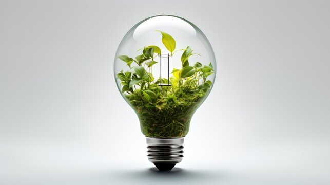 Light bulb filled with green leaves and plants. Concept of renewable and clean energy, sustainable resources, Earth Day.