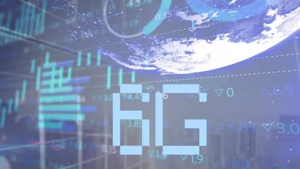 Animation of statistical and stock market data processing over 6g text banner, globe and cityscape - Powered by Adobe