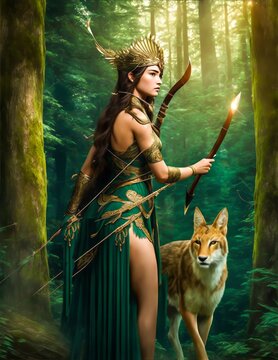 Artemis the Greek goddess of the hunt, wilderness, animals, the Moon, and young girls. Greek mythology