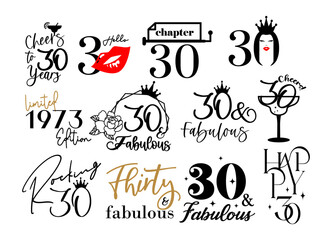 Thirty and fabulous 30th birthday celebration. Cake topper shirt template for cut file set. Cheers to Thirty years anniversary.