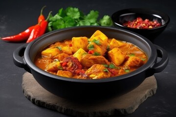 A bowl of Macher Jhol is put on a black slate table. Indian fish curry from China. Asian cuisine and food. from the sky