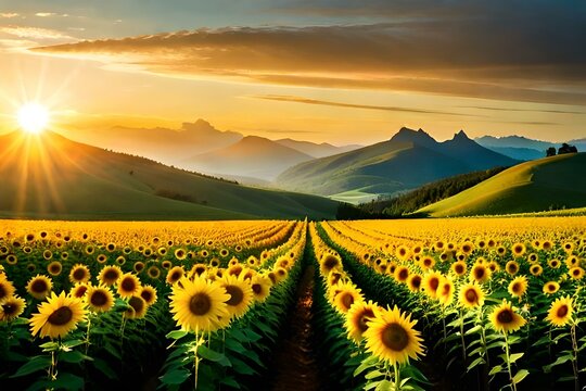 sunflower field with sunset and dark cloudy sky