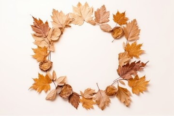 Fall composition Autumn dried leaves frame on white backdrop Copy space, flat lay, top view, anime style