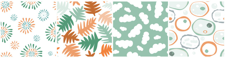 The set is a seamless pattern with abstract flowers, petals, leaves, clouds. Simple natural forms. Vector graphics.