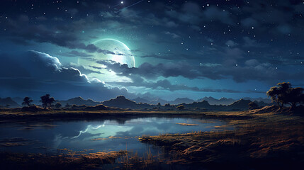 Fototapeta na wymiar landscape, artwork, night landscape with moon and stars, generative ai 