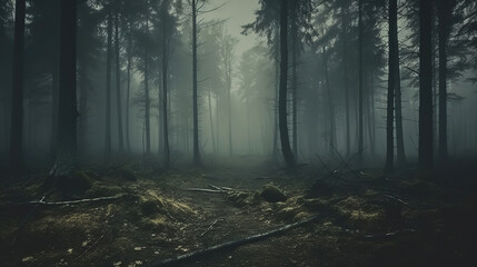 Panorama of foggy forest. Fairy tale spooky looking woods in a misty day. Cold foggy morning in horror forest, generative ai 