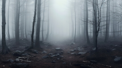 Panorama of foggy forest. Fairy tale spooky looking woods in a misty day. Cold foggy morning in horror forest, generative ai 