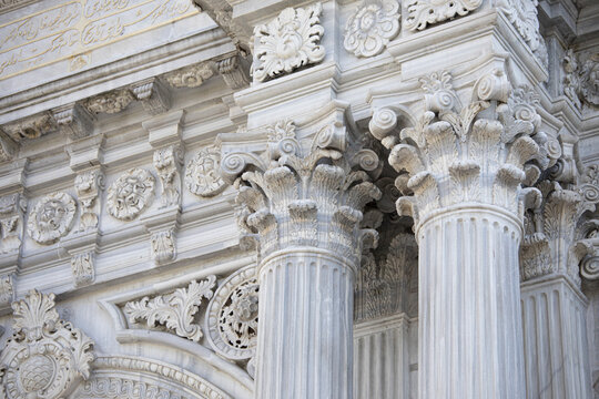 Detail shot of the columns at the entrance of the Dolmabahce Palace, Istanbul, Turkey