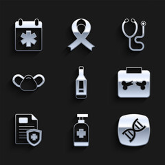 Set Digital thermometer, Antibacterial soap, DNA symbol, X-ray shots with broken bone, Patient record, Medical protective mask, Stethoscope and Doctor appointment icon. Vector