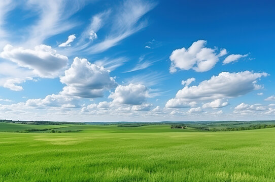 Spring panoramic landscape. Sky with fluffy clouds over green field, generative ai 