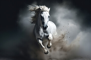 Obraz na płótnie Canvas White horse run forward in dust on dark background, generative ai 